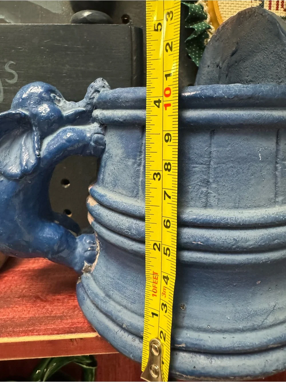 Vintage Blue Decorative Vessel Elephant Handle Distressed Unique One Of A Kind